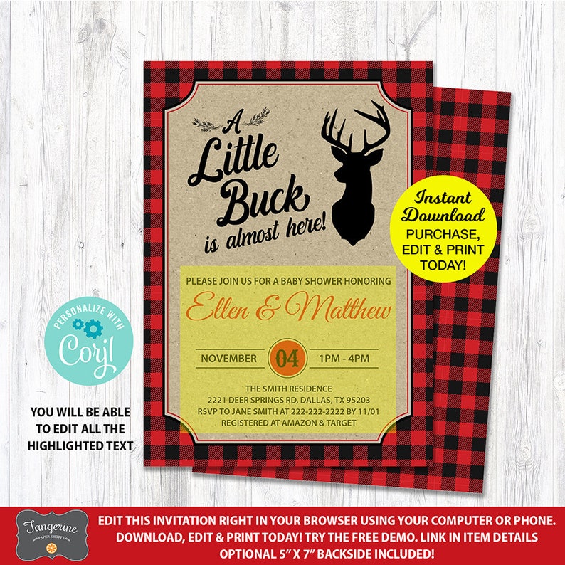May include: A red and black buffalo plaid baby shower invitation with a deer silhouette and the text "A Little Buck is almost here!"  Please join us for a baby shower honoring Ellen & Matthew. November 04, 1 PM - 4 PM. The Smith Residence, 2221 Deer Springs Rd, Dallas, TX 95203. RSVP to Jane Smith at 222-222-2222 by 11/01. Registered at Amazon & Target. Instant Download Purchase, Edit & Print Today!