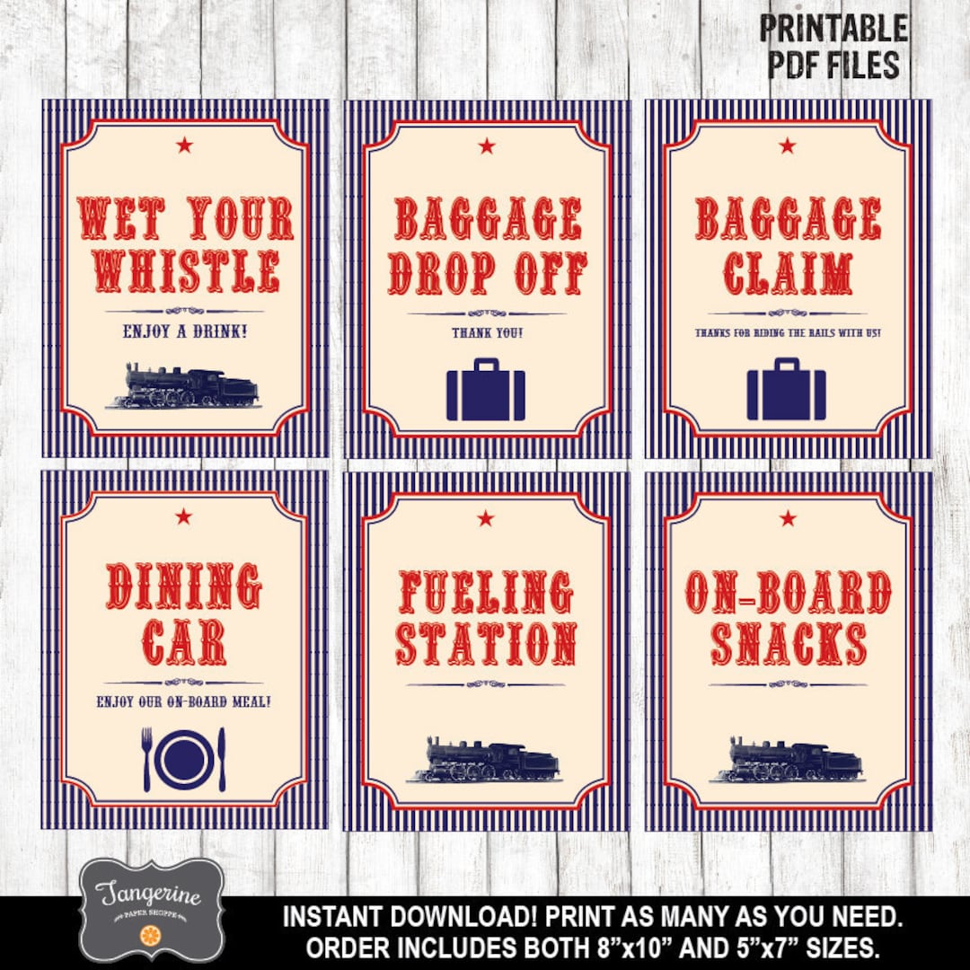 Train Party Signs Set of 6, Printable Train Signs, Vintage Train Signs ...