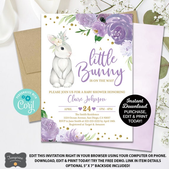 Bunny Baby Shower Invitation Lavender, Rabbit Baby Shower, Spring Baby Shower Invitation, Baby Girl, Easter Baby, Printable Invite Il_570xn
