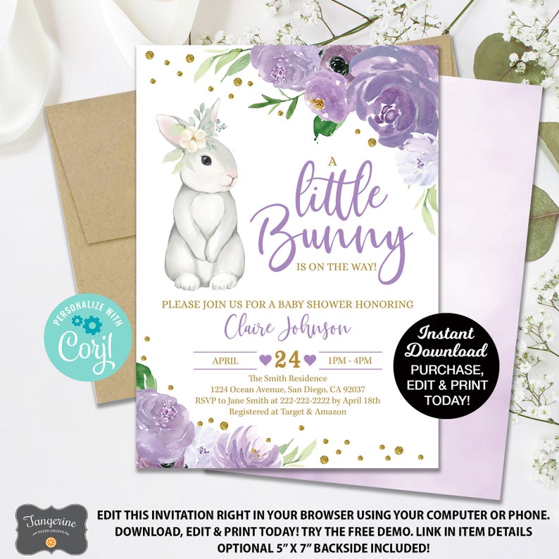 May include: Purple and gold baby shower invitation with a white bunny illustration. The invitation reads "A little bunny is on the way!" and includes the date, time, and location of the event.  The text "Instant Download Purchase, Edit & Print Today!" is also included.