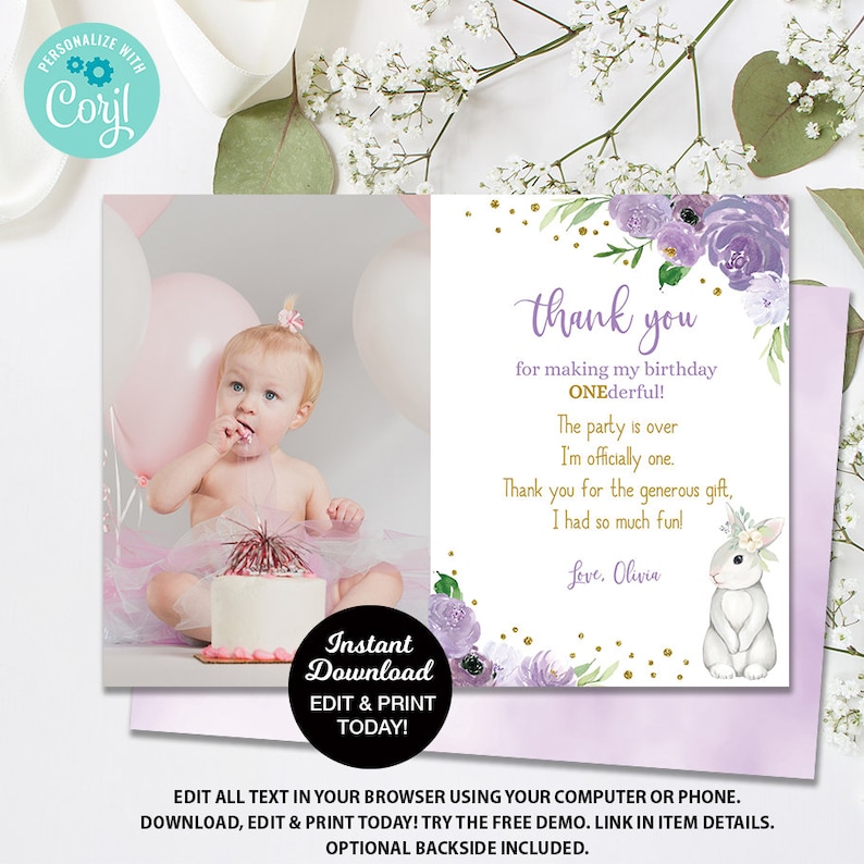 Bunny Thank You Card First Birthday Photo Thank You Editable Etsy