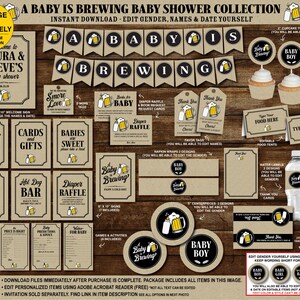 May include: A baby shower party collection with a brown and black color scheme. The theme is "A Baby is Brewing". The collection includes a welcome sign, guest book, cards and gifts sign, babies are sweet sign, burger bar sign, hot dog bar sign, diaper raffle sign, baby is brewing sign, thank you sign, favor tags, napkin wraps, centerpieces, water labels, thank you cards, treat bag toppers, and cupcake toppers. The collection is editable and includes all items in the image.