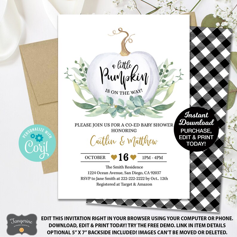 White Pumpkin Baby Shower Invitation, Fall Baby Shower, Little Pumpkin, Greenery Baby Shower Invitation, Plaid, Editable Invitation image 1