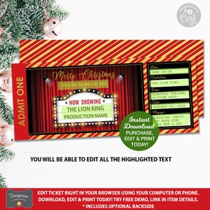 Theatre Ticket Gift, Christmas Gift Theater, Broadway Show Ticket, Cinema Ticket, Editable Ticket, Printable, INSTANT DOWNLOAD image 2