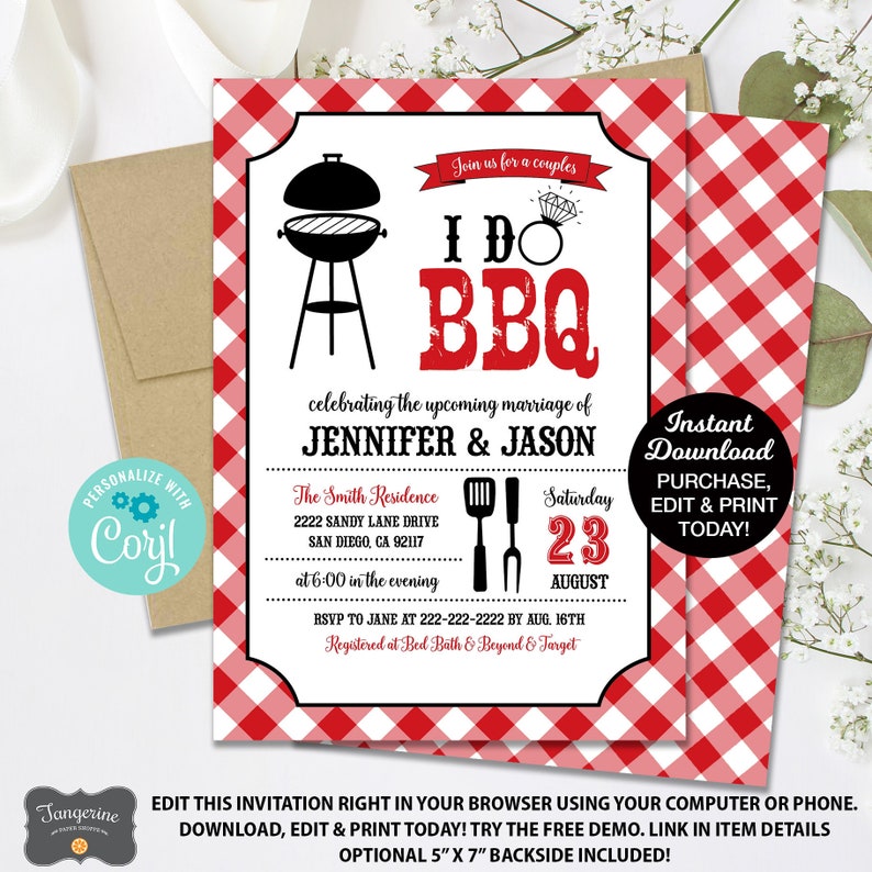 May include: Red and white checkered invitation for a couples' barbecue. The invitation says "I Do BBQ" and features a grill and a diamond ring. The text also says "celebrating the upcoming marriage of Jennifer & Jason".
