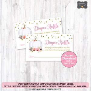 May include: Printable pink and gold diaper raffle ticket with a white pumpkin and floral design. The text reads "Diaper Raffle" and "Bring a pack of diapers in any size, for a chance to win a special prize!"