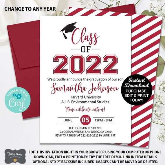 Graduation Invitation, Graduation Announcement, Class of 2022 Announcement, Printable Graduation Card, College Graduation, High School Grad Il_570xn