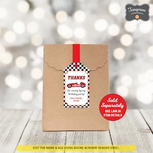 May include: Red and white checkered thank you tag with a red race car illustration. The tag says "Thanks for racing by my birthday party! Your friend, Dylan".