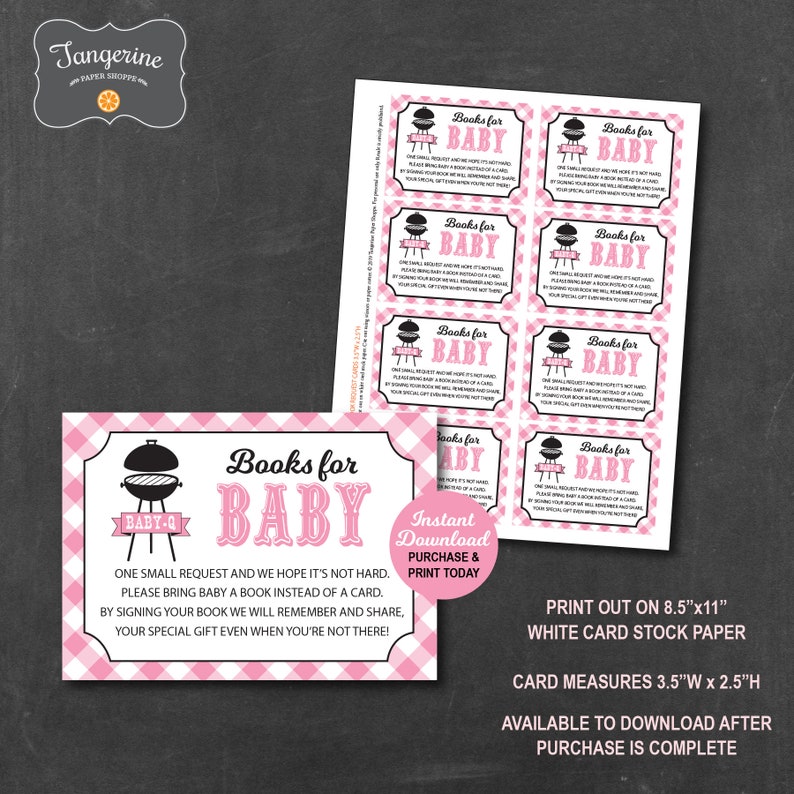 Puede incluir: Invitaci&oacute;n de baby shower imprimible a cuadros rosa y blanco con una parrilla y el texto "Books for Baby". Una peque&ntilde;a solicitud y esperamos que no sea dif&iacute;cil. Por favor, traiga un libro para el beb&eacute; en lugar de una tarjeta. Al firmar su libro, lo recordaremos y lo compartiremos, su regalo especial incluso cuando no est&eacute; all&iacute;. Imprima en papel de cartulina blanco de 8,5"x11". La tarjeta mide 3,5"W x 2,5"H. Disponible para descargar despu&eacute;s de la compra.