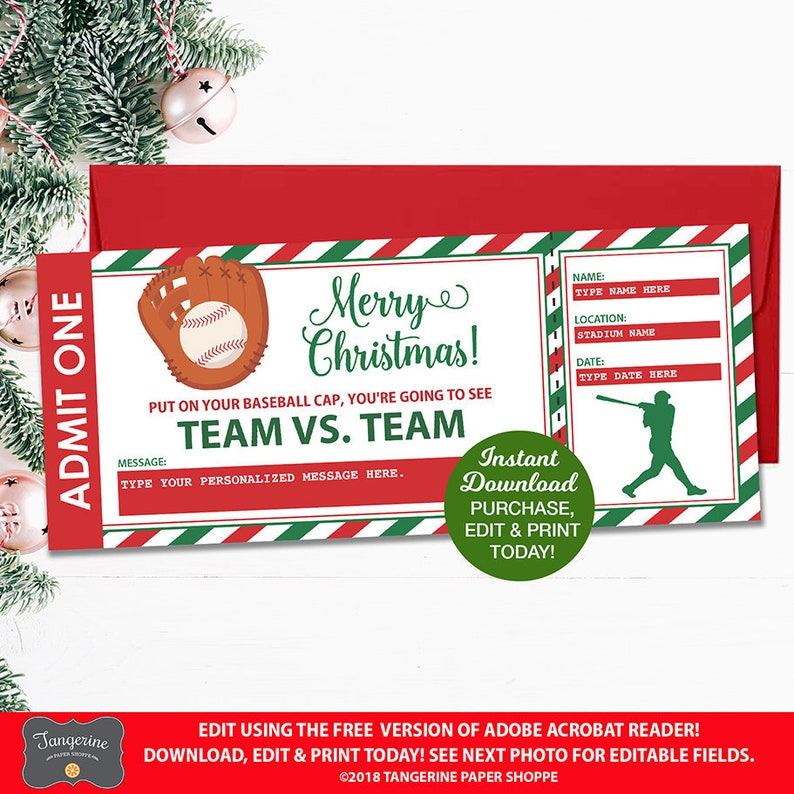 Christmas Baseball Ticket Gift Baseball Ticket Printable Etsy