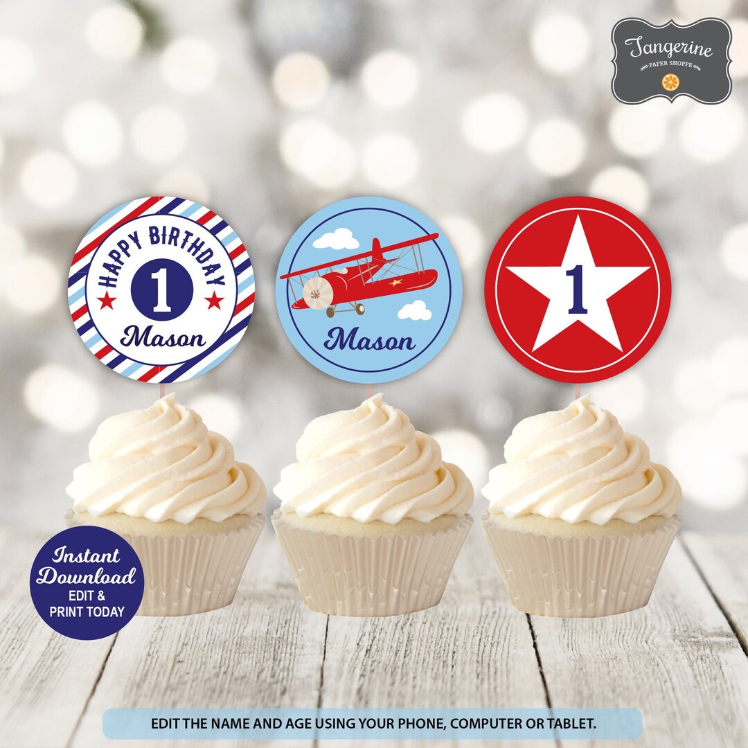 Airplane Birthday Cupcake Toppers, Boy Birthday, Editable Vintage Airplane Birthday, Cupcake