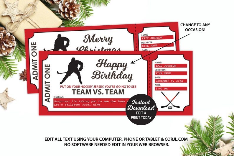 Hockey Ticket Surprise Hockey Game Ticket Template Christmas Etsy