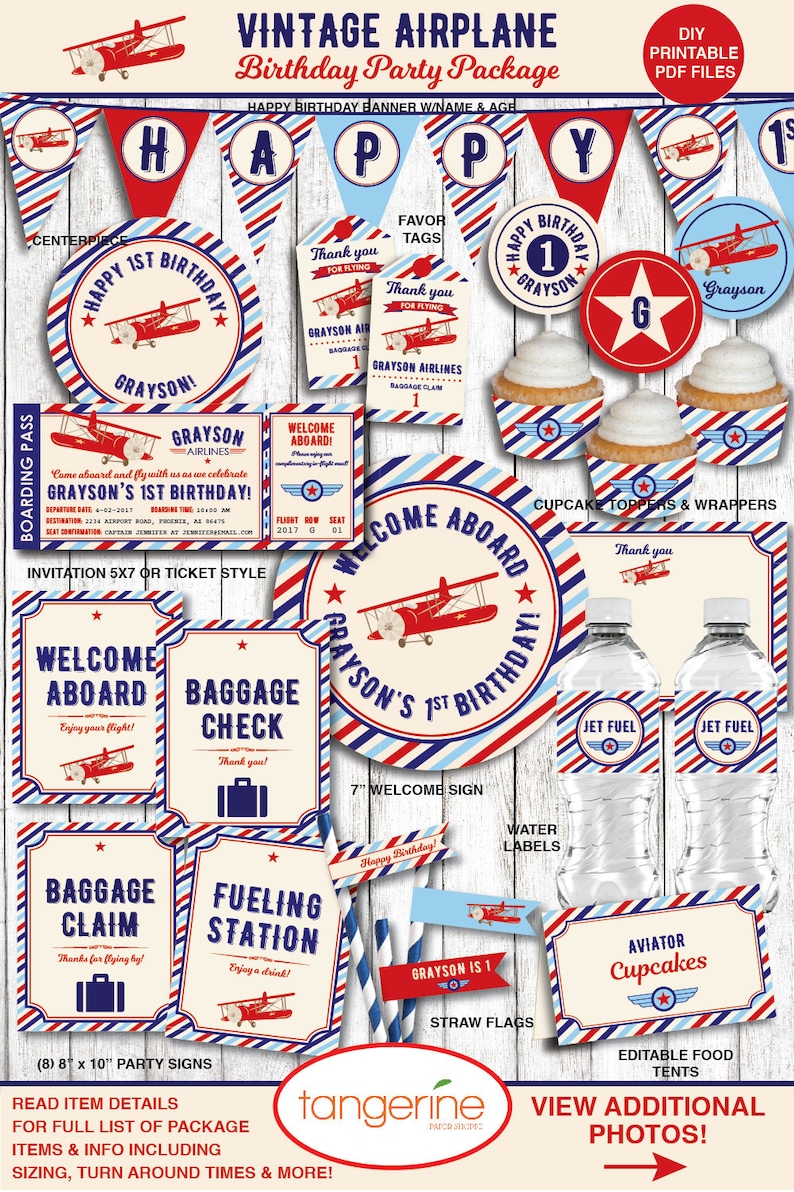 May include: Vintage airplane themed printable party decorations for a first birthday. The set includes a banner, cupcake toppers, water bottle labels, welcome sign, invitation, and more. The colours are red, white, and blue.
