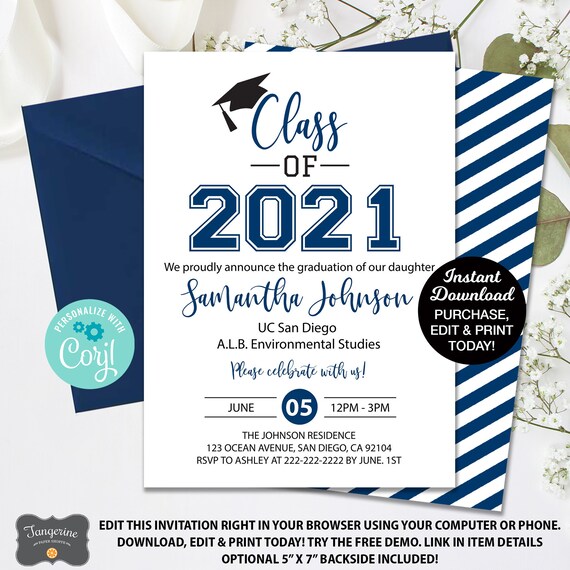 Graduation Invitation Navy Blue, Graduation Announcement, Class of 2022 Announcement, Graduation Card, College Graduation, High School Grad Il_570xn