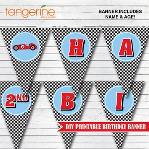 May include: DIY printable birthday banner with a checkered pattern and blue and red circles. The banner includes the letters "H", "A", "B", "I", and the number "2ND". The banner also includes a red race car with a checkered flag.