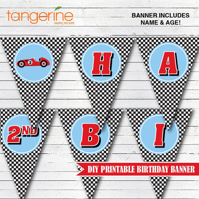 May include: DIY printable birthday banner with a checkered pattern and blue and red circles. The banner includes the letters "H", "A", "B", "I", and the number "2ND". The banner also includes a red race car with a checkered flag.