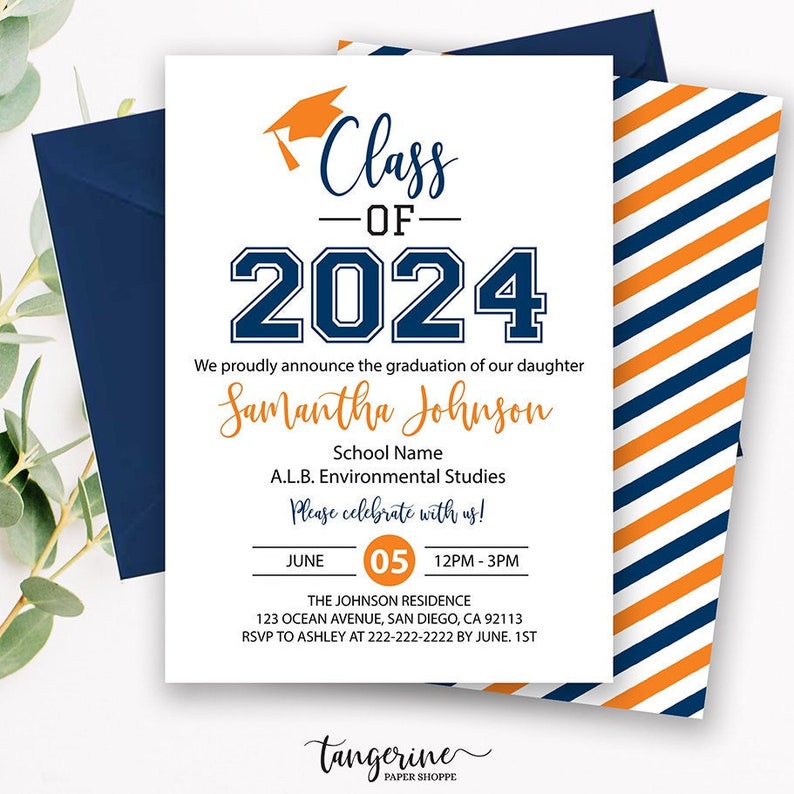 May include: A graduation announcement with navy blue and orange accents. The invitation reads "Class of 2024" and includes the graduate's name, school, and event details. The back of the invitation has diagonal orange and navy blue stripes.