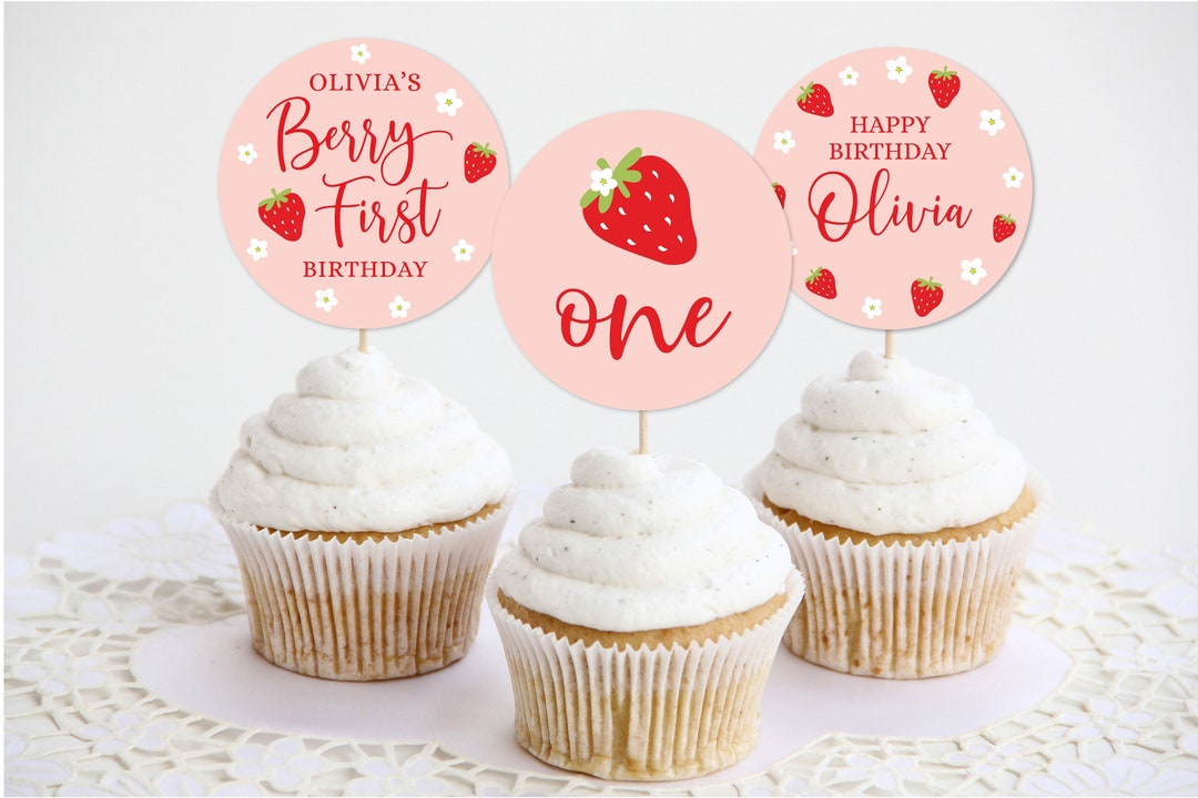 Editable Strawberry Birthday Cupcake Toppers, Berry First Party Cupcake ...