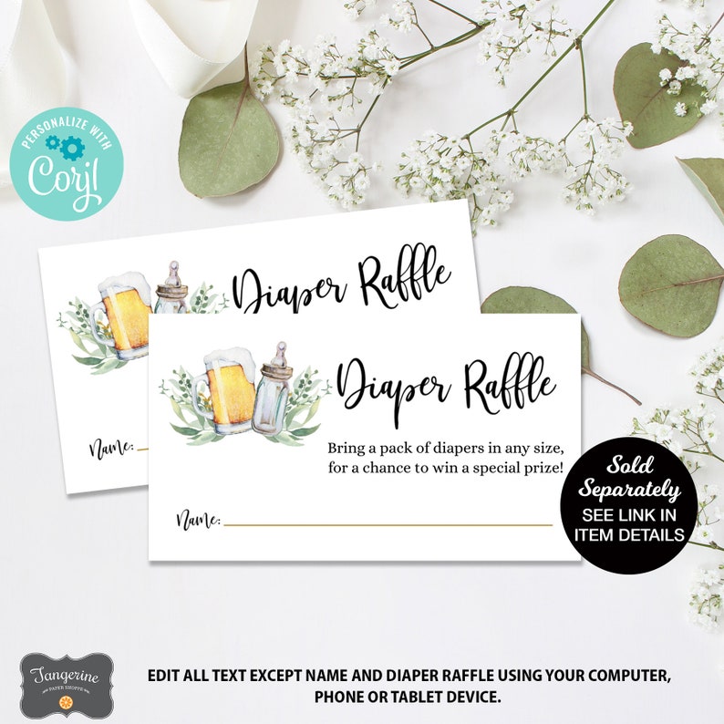 May include: Two white cards with a watercolor illustration of a beer mug and a baby bottle. The text on the cards reads "Diaper Raffle" and "Bring a pack of diapers in any size, for a chance to win a special prize!" The text "Sold Separately SEE LINK IN ITEM DETAILS" is also on the card.