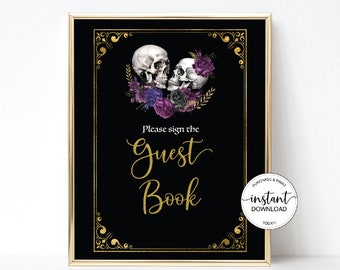 Halloween boda libro de visitas signo cráneos libro de visitas signo cráneos florales signo imprimible hasta que la muerte nos separe boda esqueletos de boda gótica