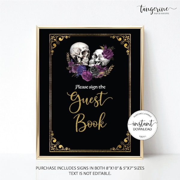 Halloween Wedding Guest Book Sign Skulls Guest Book Sign Floral Skulls Sign Printable Till Death Do We Part Wedding Gothic Wedding Skeletons