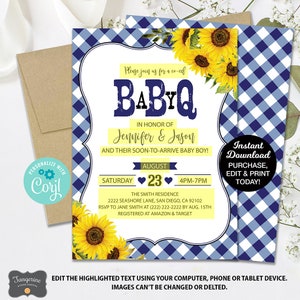 May include: A blue and white gingham baby shower invitation with sunflowers. The text reads "Please join us for a co-ed Baby Q in honor of Jennifer & Jason and their soon-to-arrive baby boy! August 23, 4pm-7pm. The Smith Residence, 2222 Seashore Lane, San Diego, CA 92102. RSVP to Jane Smith at (222) 222-2222 by Aug. 15th. Registered at Amazon & Target. Instant Download, Purchase, Edit & Print Today!"