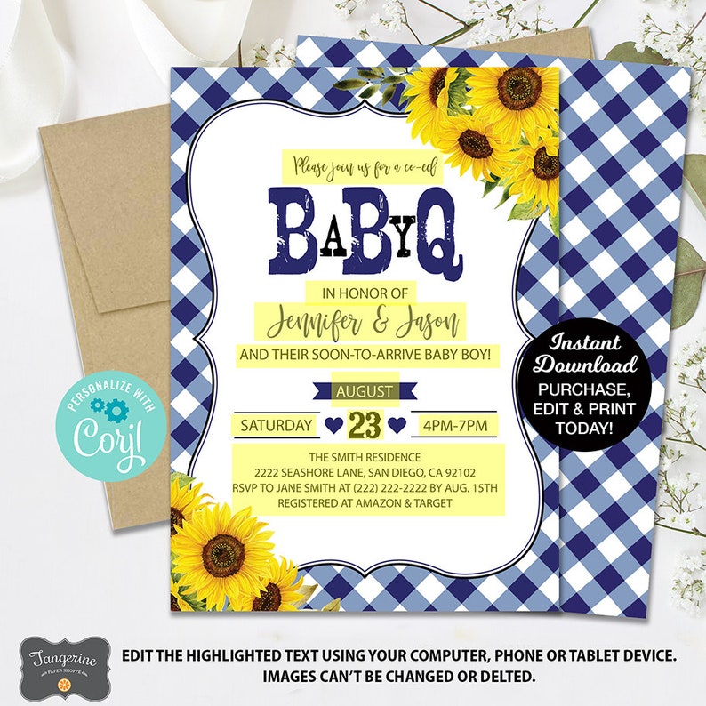May include: A blue and white gingham baby shower invitation with sunflowers. The text reads "Please join us for a co-ed Baby Q in honor of Jennifer & Jason and their soon-to-arrive baby boy! August 23, 4pm-7pm. The Smith Residence, 2222 Seashore Lane, San Diego, CA 92102. RSVP to Jane Smith at (222) 222-2222 by Aug. 15th. Registered at Amazon & Target. Instant Download, Purchase, Edit & Print Today!"