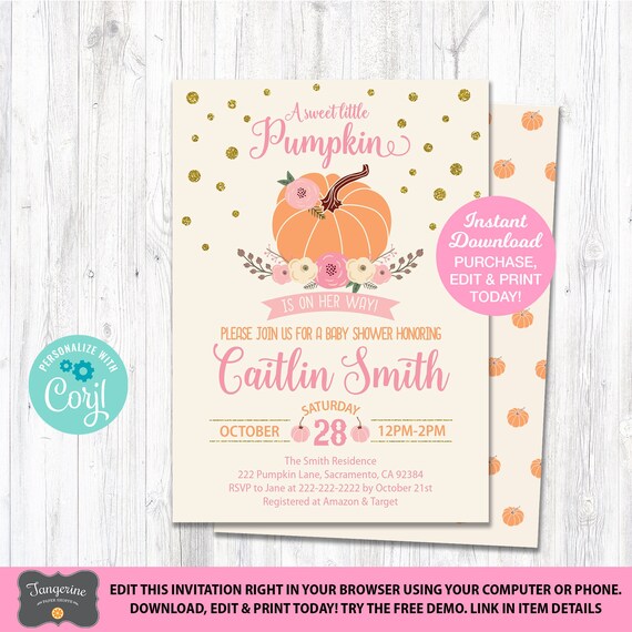 A sweet little Pumpkin. Pumpkin Girl Baby Shower Invite Elephant and Pumpkins Baby Shower INVITATION Customized Digital Printable