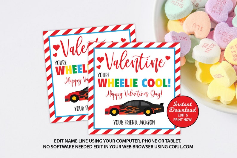 May include: Two printable Valentine's Day cards featuring a red and black race car with flames. The text on the cards reads "You're Wheelie Cool! Happy Valentines Day!" and "You're Wheel Happy Valentines Day!"  The cards are decorated with red and white stripes and hearts.