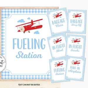 Airplane Birthday Sign Package Blue Gingham Airplane Party Bundle Baggage Claim Sign Fueling Station Inflight Snacks Sign Instant Download
