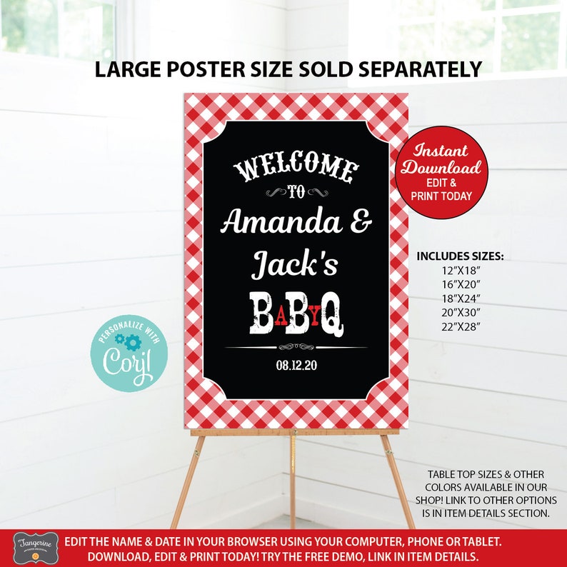 May include: A black and white welcome sign with red and white checkered background. The sign says "Welcome to Amanda & Jack's BBQ 08.12.20". The sign is on an easel. The sign is available in multiple sizes: 12x18 inches, 16x20 inches, 18x24 inches, 20x30 inches, and 22x28 inches.