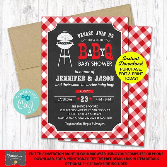 Baby Q Shower Invitation Red, BBQ Baby Shower Invitation, Couples Baby Shower Printable Pdf File