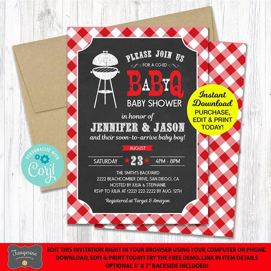 Baby Q Shower Invitation Red, BBQ Baby Shower Invitation, Couples Baby Shower Printable Pdf File, INSTANT DOWNLOAD