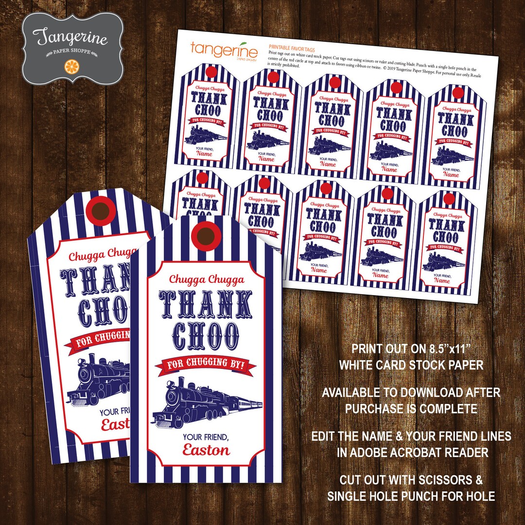 Train Favor Tags Red, Blue & White, Train Thank You Tags, Train ...