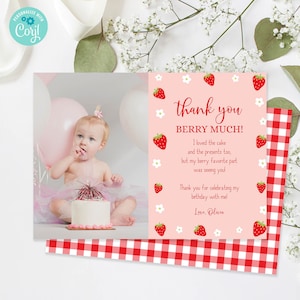 Editable Strawberry Birthday Thank You Card, Girl Berry Sweet 1st First Birthday Photo Card Corjl Template