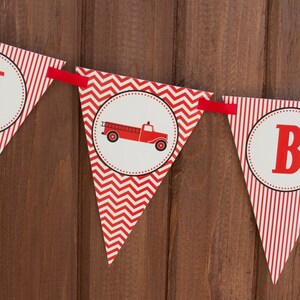 Fire Truck Birthday Banner - Firfighter Birthday Banner - PERSONALIZED - Red, Black & Cream - Digital PDF File image 1