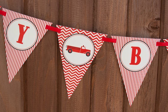 Fire Truck Birthday Banner - Firfighter Birthday Banner - PERSONALIZED - Red, Black & Cream - Digital PDF File Il_570xn