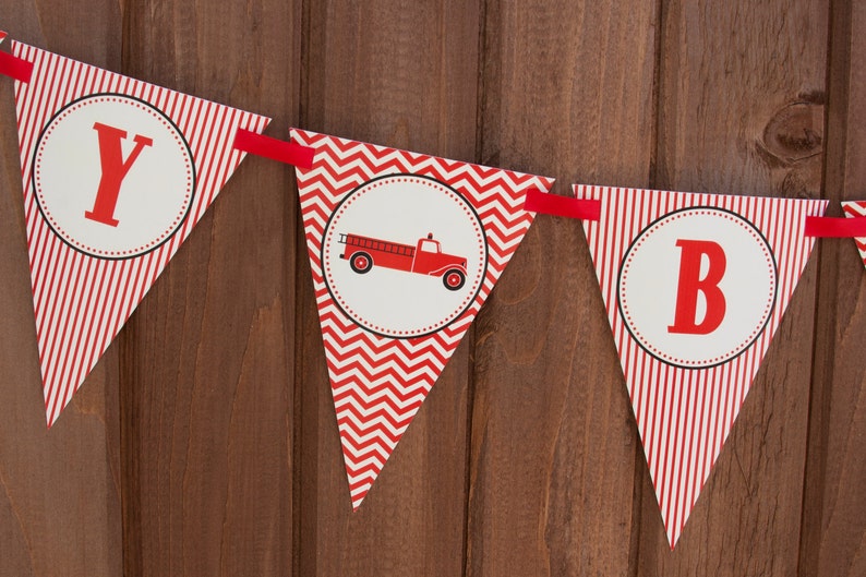 Fire Truck Birthday Banner - Firfighter Birthday Banner - PERSONALIZED - Red, Black & Cream - Digital PDF File image 1