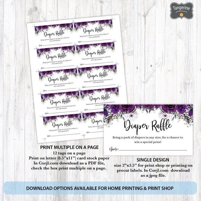 May include: Purple and silver floral diaper raffle ticket template with the text "Diaper Raffle" and "Bring a pack of diapers in any size, for a chance to win a special prize!"  Print multiple on a page or as a single design.