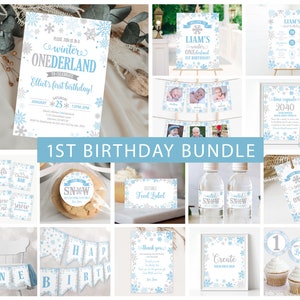 Winter ONEderland Decorations Boy Package, 1st Birthday Decor Bundle Snowflake Birthday Editable First Birthday Corjl Template 0002