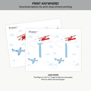 May include: Printable banner with two red airplanes flying over blue clouds and the letter "T" in blue. The banner is designed to be printed on 8.5 x 11 inch paper and cut out to create a banner.