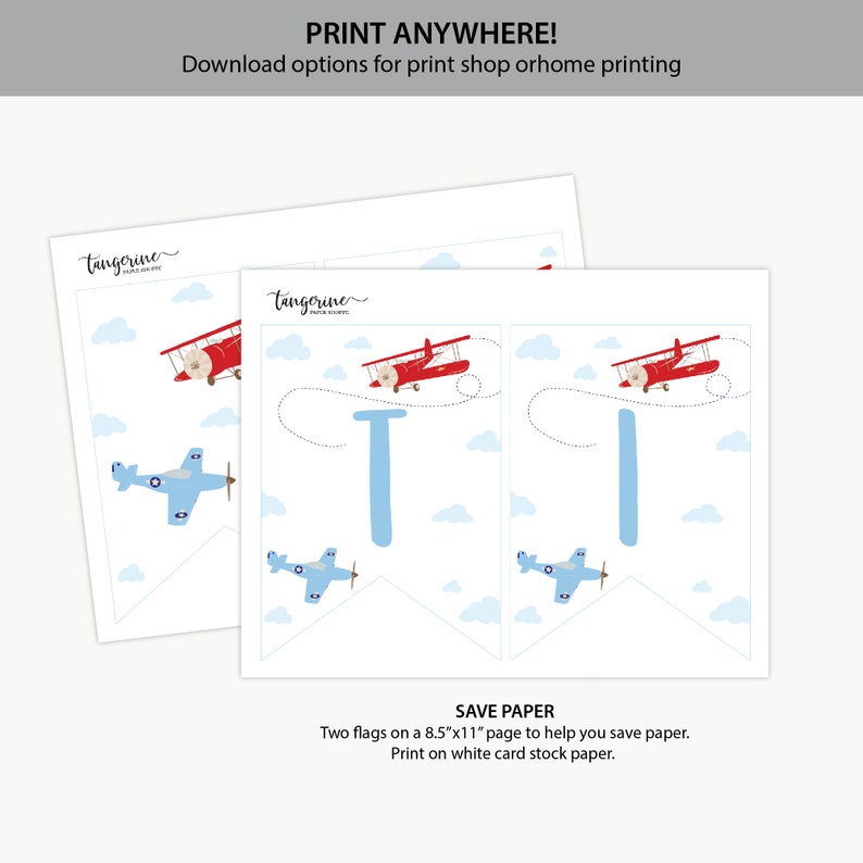 May include: Printable banner with two red airplanes flying over blue clouds and the letter "T" in blue. The banner is designed to be printed on 8.5 x 11 inch paper and cut out to create a banner.