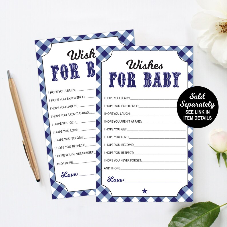 Op de afbeelding: Twee blauw-wit geblokte kaarten met de tekst "Wish for Baby" en "Wishes for Baby". Elke kaart heeft een lijst met wensen voor een baby, zoals "Ik hoop dat je leert", "Ik hoop dat je ervaart", "Ik hoop dat je lacht", "Ik hoop dat je niet bang bent", "Ik hoop dat je krijgt", "Ik hoop dat je liefhebt", "Ik hoop dat je wordt", "Ik hoop dat je respecteert", "Ik hoop dat je nooit vergeet", en "En ik hoop". De kaarten hebben ook het woord "Love" onderaan.