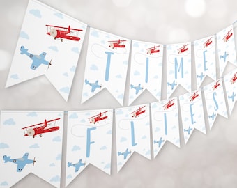 Airplane Birthday Banner Time Flies Bunting Airplane Party Decoration Boy 1st Birthday First Birthday Instant Download 0003