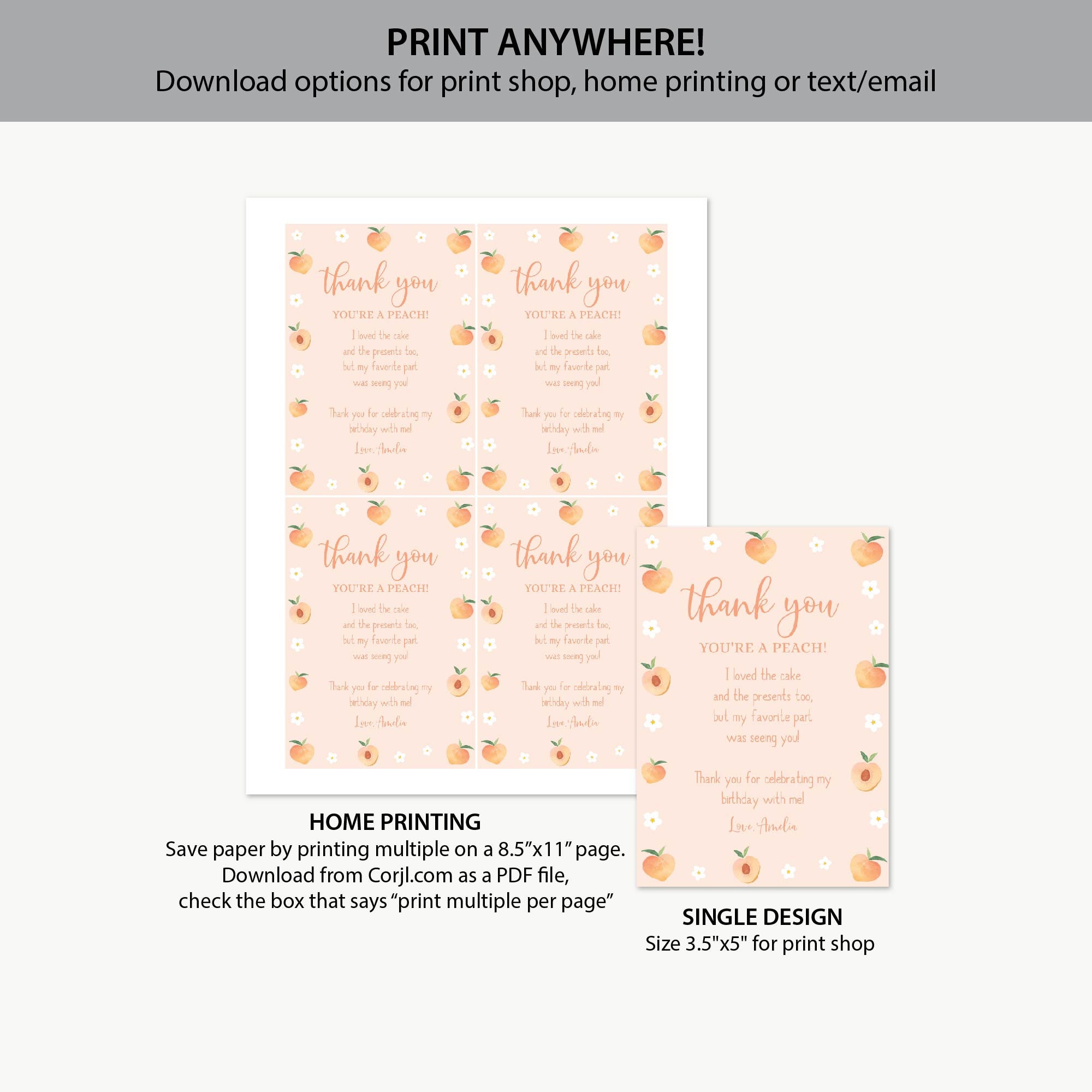 Editable Peach Thank You Card, Sweet Peach First Birthday Party Thank ...