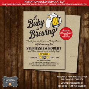 May include: A brown and white baby shower invitation with a cartoon illustration of a baby bottle and a beer mug. The text reads "A Baby is Brewing" and includes the names Stephanie & Robert. The invitation includes the date, time, and location of the shower.