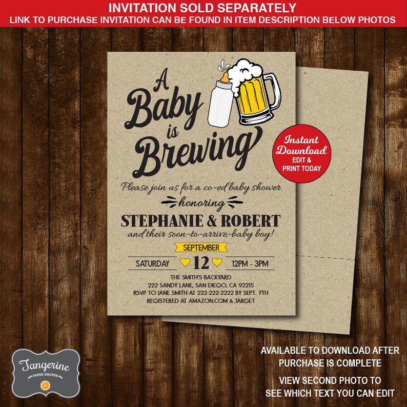 May include: A brown and white baby shower invitation with a cartoon illustration of a baby bottle and a beer mug. The text reads "A Baby is Brewing" and includes the names Stephanie & Robert. The invitation includes the date, time, and location of the shower.