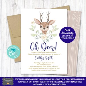 May include: A baby shower invitation featuring a charming cartoon deer illustration. The invitation is adorned with white flowers and green foliage. The text on the invitation reads "Oh Deer!" and includes the date, time, and location of the shower. The invitation also includes the name of the guest of honour, Caitlyn Smith.