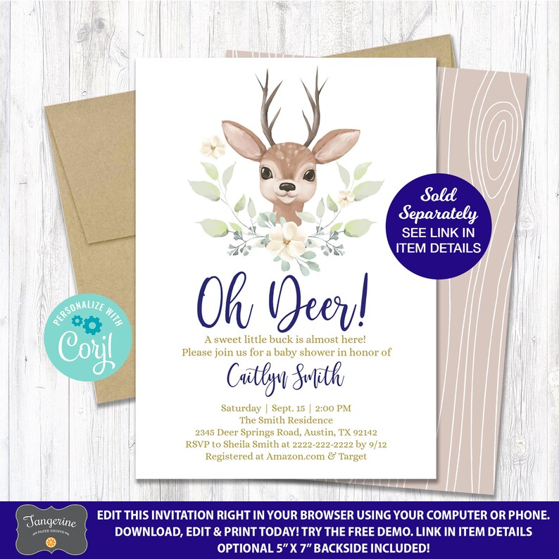 May include: A baby shower invitation featuring a charming cartoon deer illustration. The invitation is adorned with white flowers and green foliage. The text on the invitation reads "Oh Deer!" and includes the date, time, and location of the shower. The invitation also includes the name of the guest of honour, Caitlyn Smith.