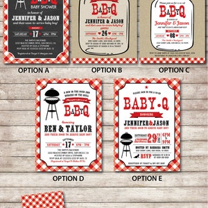 May include: Five different options for a baby shower invitation with a barbecue theme. The invitations feature a red and white gingham pattern, a grill, and a mason jar. The text on the invitations reads "Baby Q" and includes the names of the parents-to-be, the date and time of the shower, and the location. The invitations also include the RSVP information and the registry information.